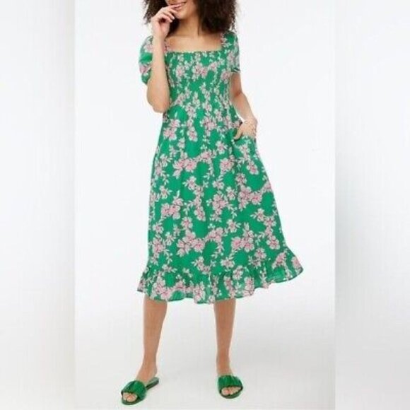 J. Crew Green Pink Floral Smocked Puff Sleeve Midi Dress - Picture 1 of 6